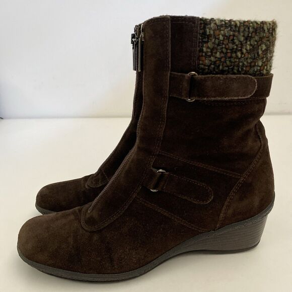 Aquatalia Brown Ankle Boot Wedge Heel Front Zip Suede Knit Cuff Waterpro… - Picture 4 of 8